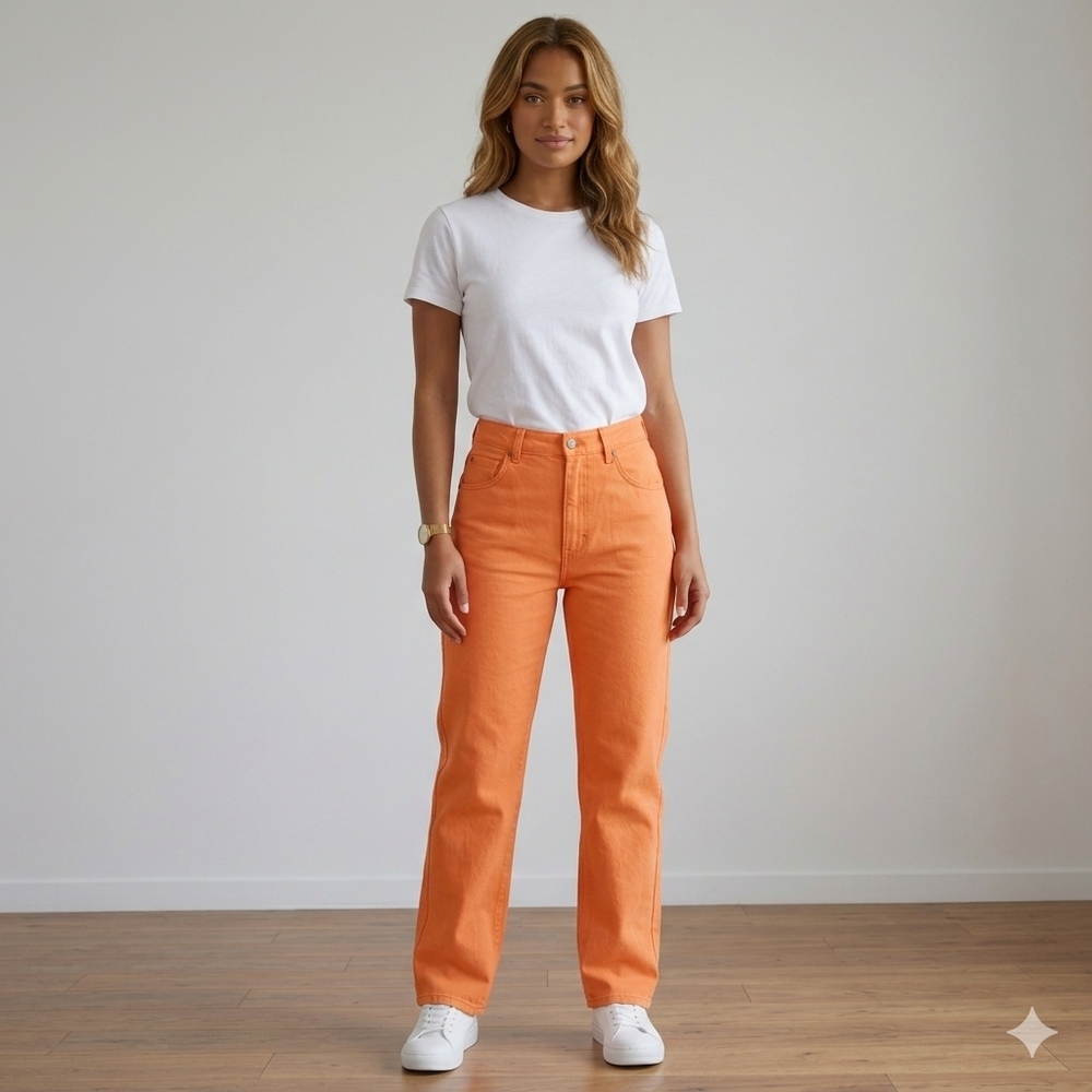 Shein Size 10 Jeans 100% Cotton Denim Orange Wide Straight Leg Pants High Rise - Picture 3 of 11